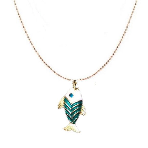 Rhinestone fish necklace gold ball chain